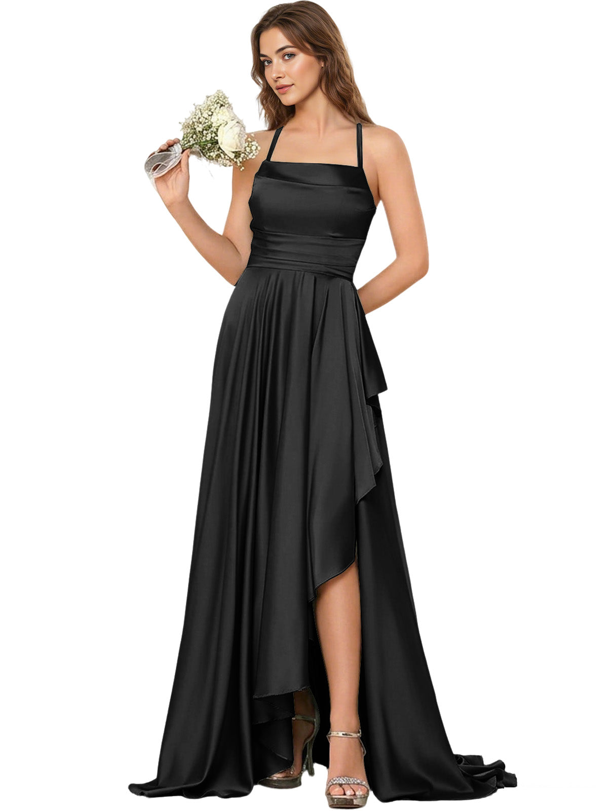 Open Back Halter Bridesmaid Dress with High Low Overlay dress