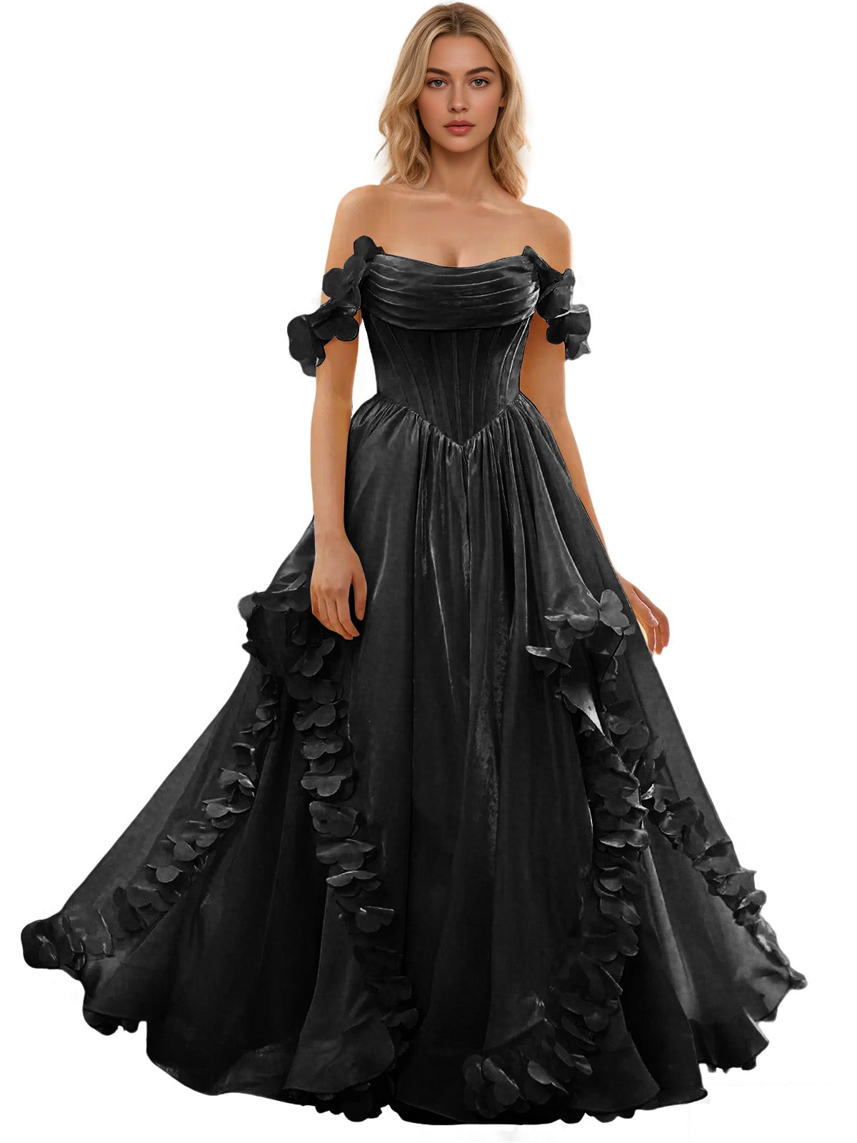 Off Shoulder Ruffle Tulle Ball Gown Prom Dress with Floral Applique
