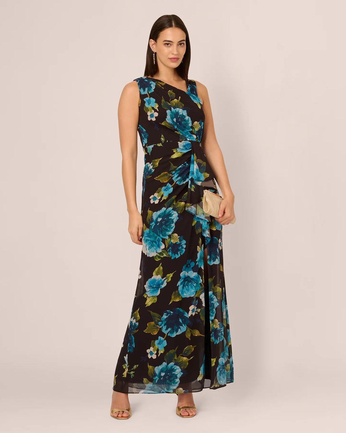 Floral Print Draped A-Line Maxi Mother of the Bride Dress for Estate Wedding