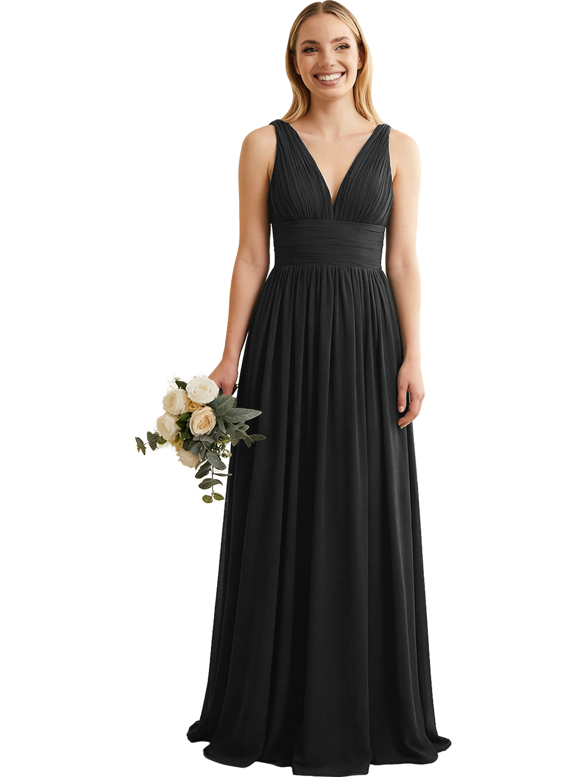 Deep V-Neck Chiffon Bridesmaid Dress with Pleated Waist