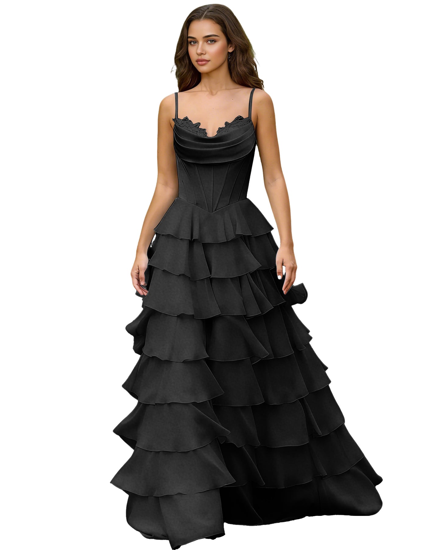 Spaghetti Strap Tiered Chiffon A-Line Prom Dress with Ruffle dress