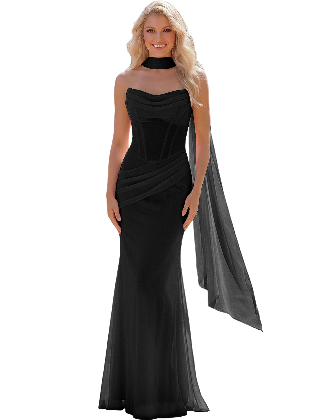 Strapless Chiffon Bridesmaid Gown with Sheer Boned Bodice, Ruched Waist and Scarf