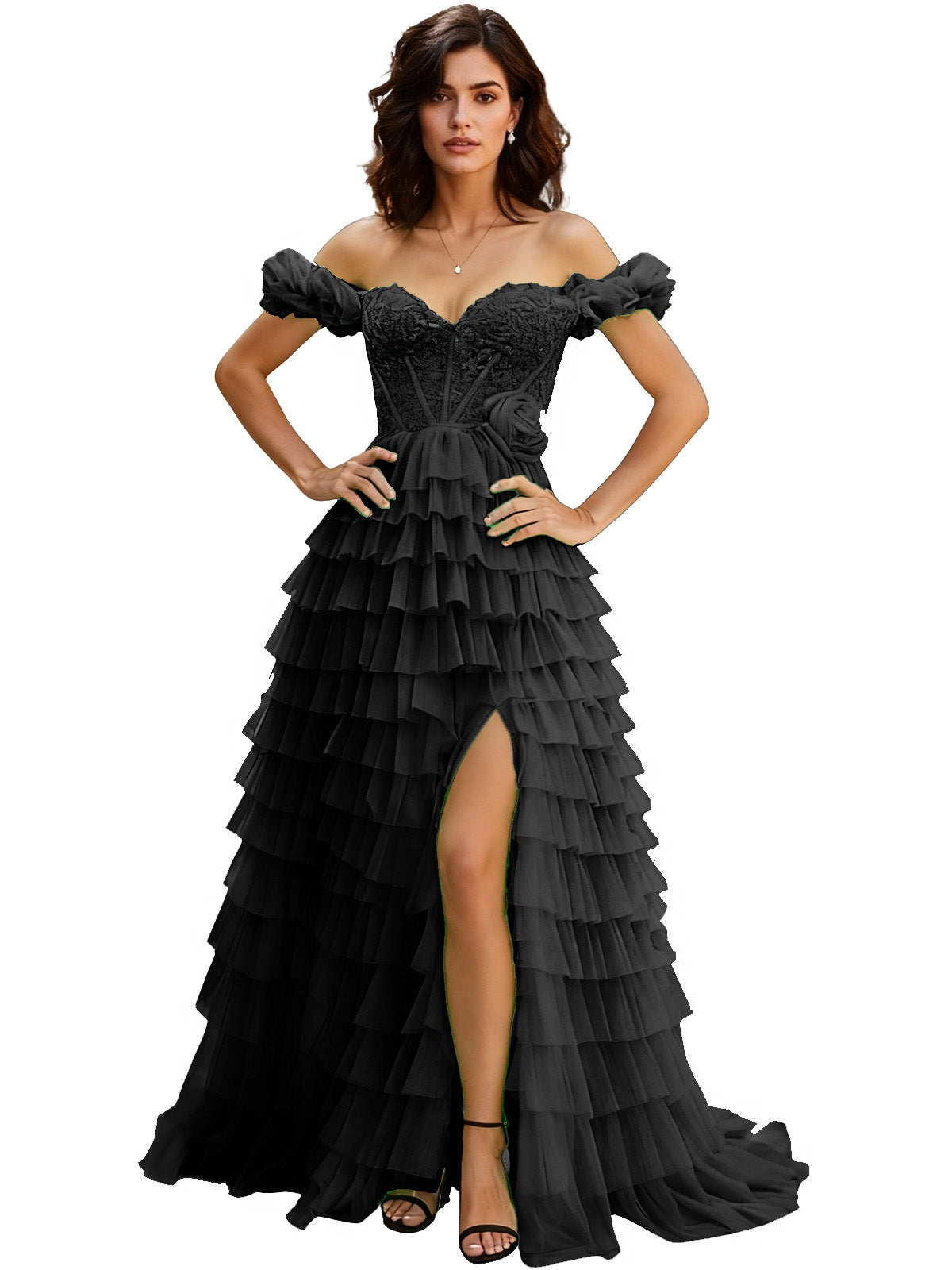 Off Shoulder Tulle Ball Gown Prom Dress with Ruffle Sleeves and Slit