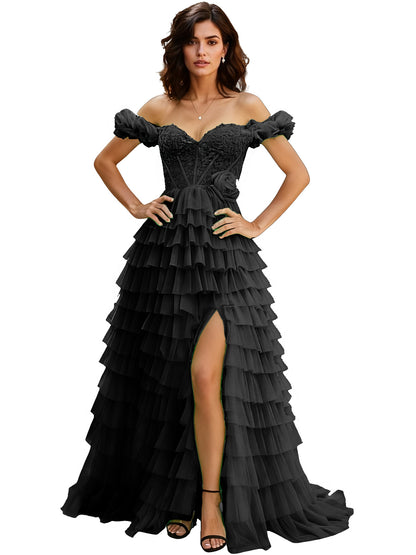 Off Shoulder Tulle Ball Gown Prom Dress with Ruffle Sleeves and Slit