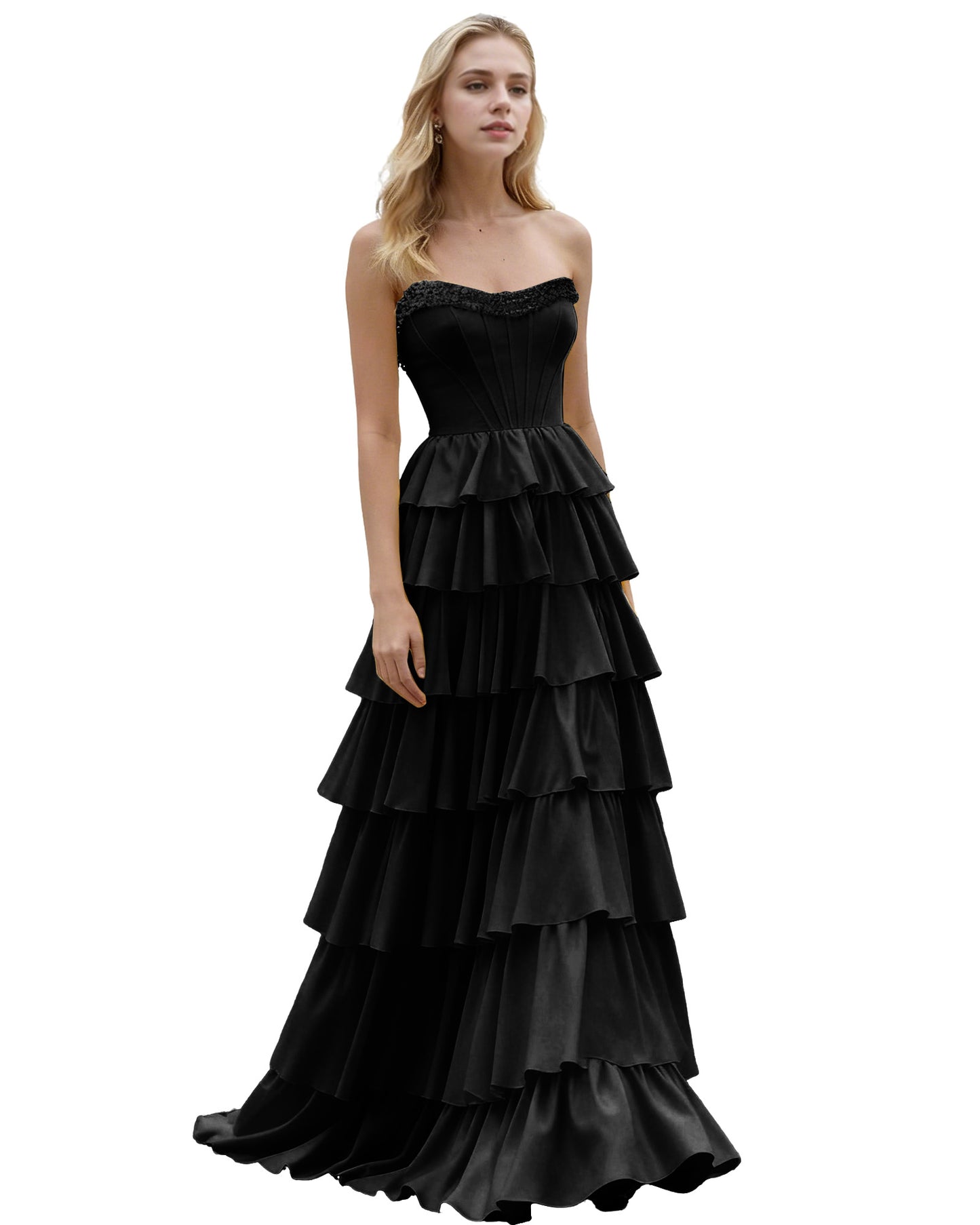 Strapless Tiered Ruffle A-Line Prom Dress with Corset Bodice