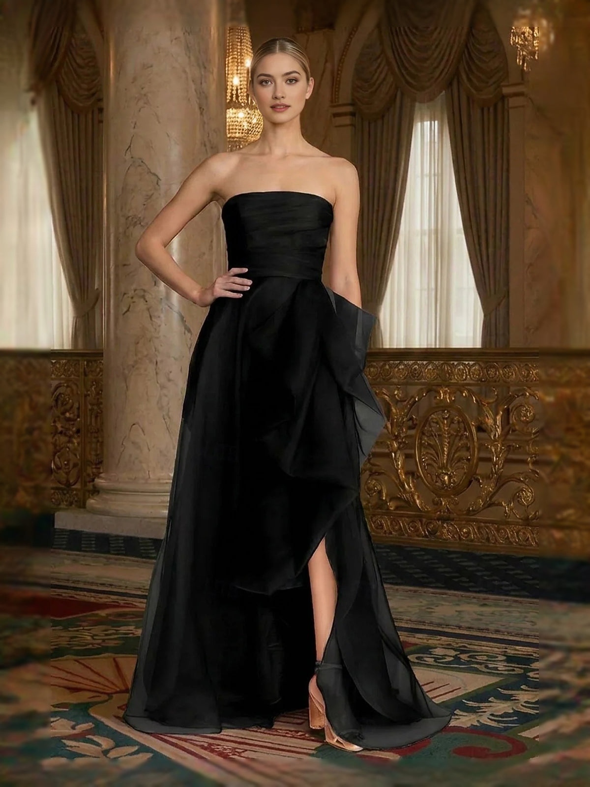 Back-Slit Layered Ruffled Slit Strapless A-Line Floor-Length Organza Prom Dress for Evening Ceremony