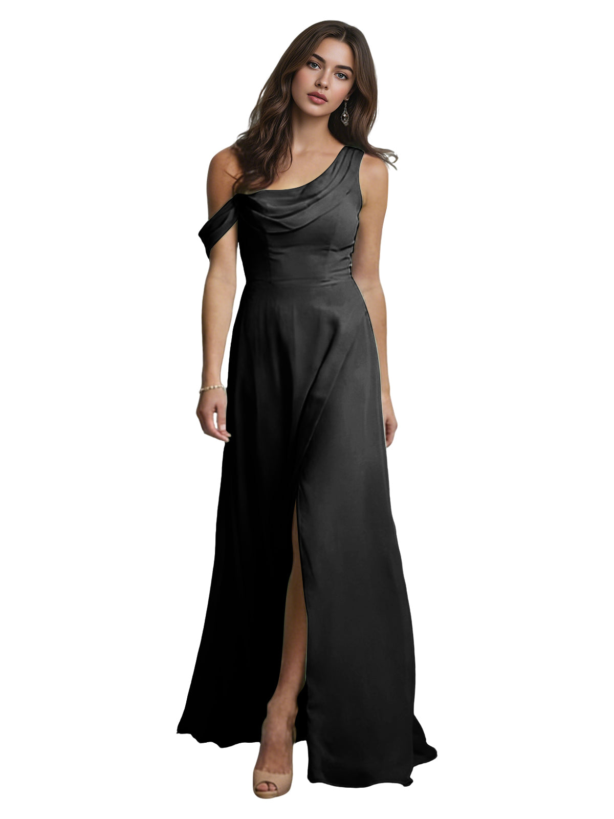One Shoulder Satin Bridesmaid Dress with Draped Neckline and Slit