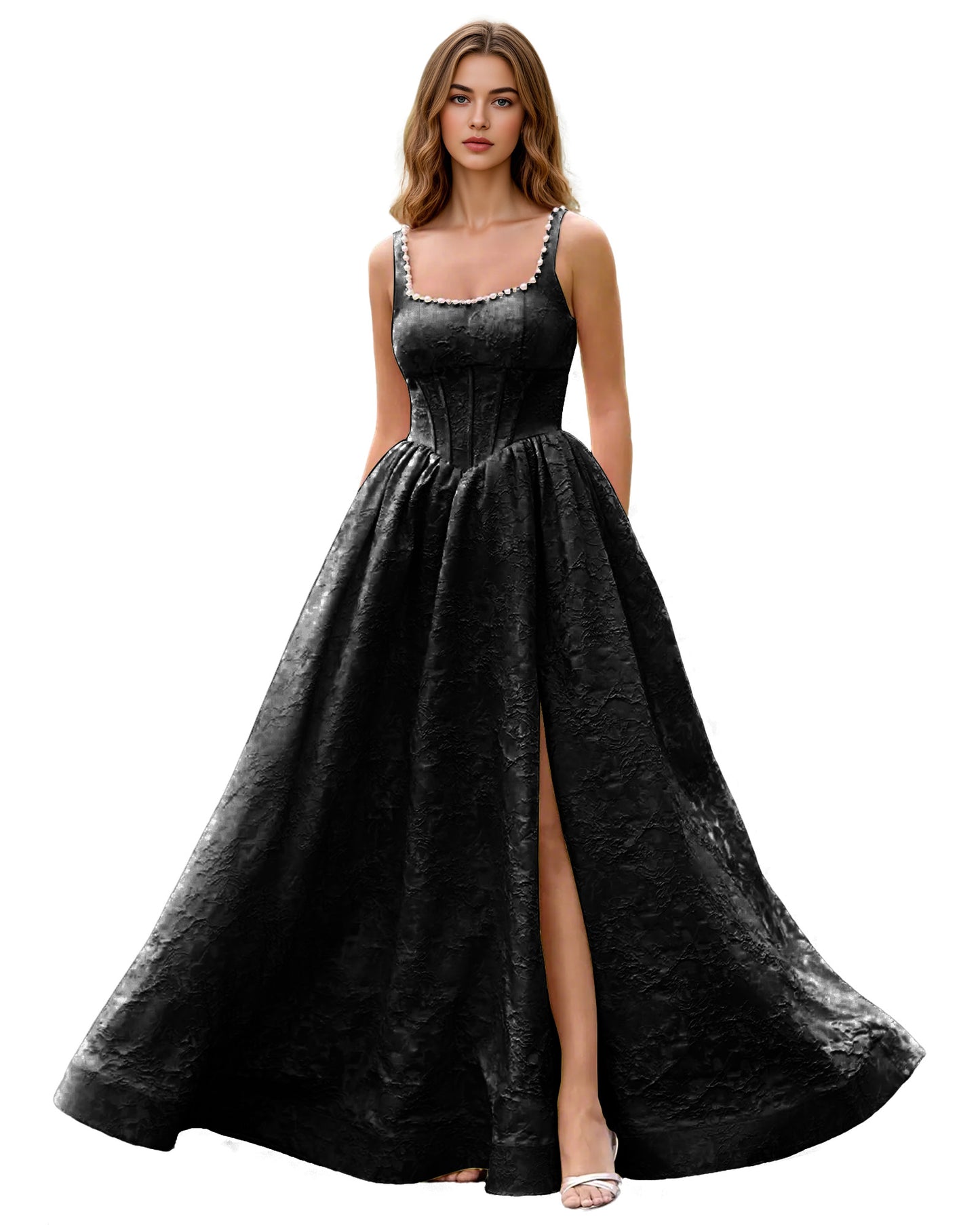 Square Neck Jacquard Ball Gown Prom Dress with Wide Straps and Pockets