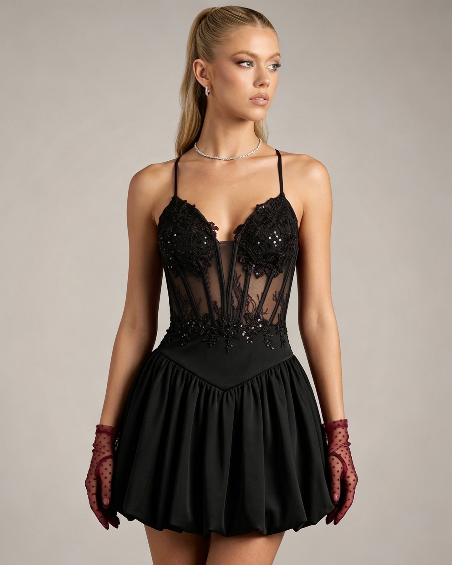Spaghetti Strap Lace Corset Homecoming Dress with Flared Skirt