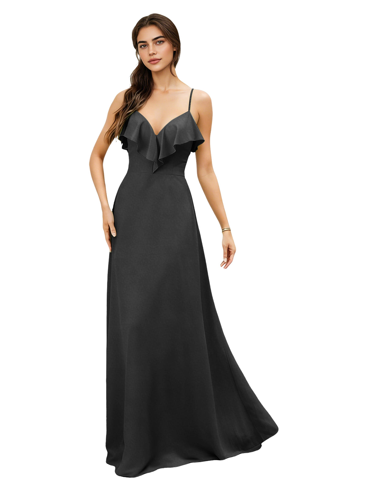 Ruffle V-Neck Chiffon Bridesmaid Dress with Spaghetti Straps