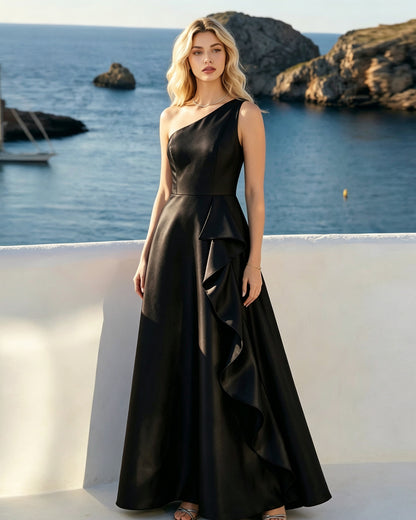 One Shoulder Satin Ball Gown with Cascading Ruffle dress