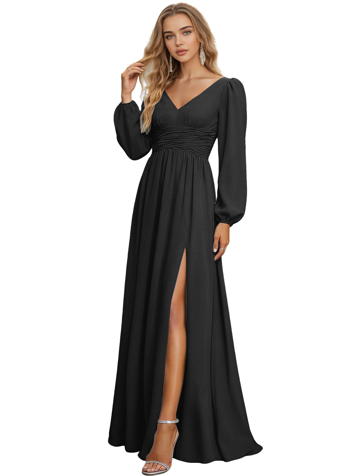 Long Sleeve V-Neck Chiffon Bridesmaid Dress with Front Slit