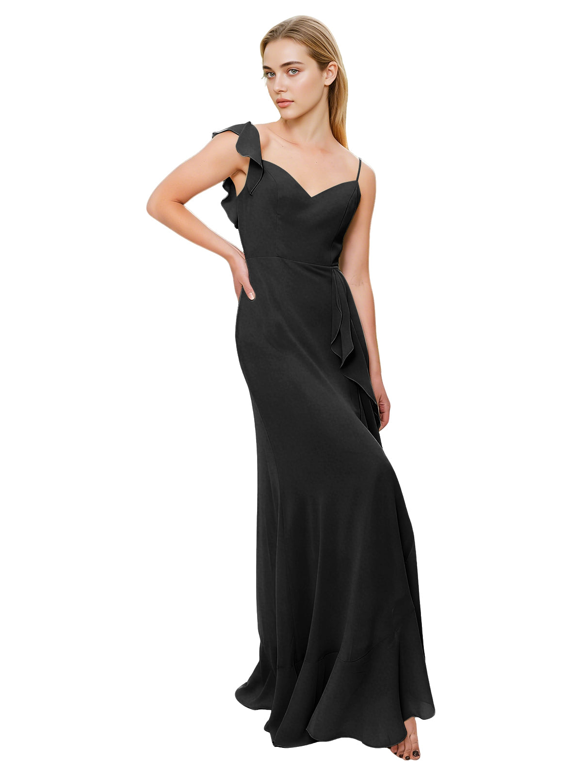 V-Neck Ruffle Strap Bridesmaid Dress with Cascading Chiffon Dress