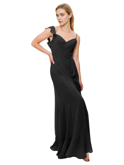 V-Neck Ruffle Strap Bridesmaid Dress with Cascading Chiffon Dress