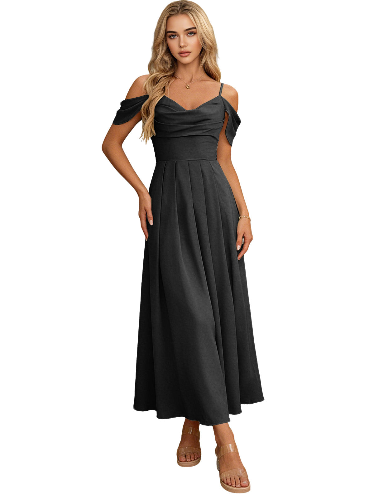 Off Shoulder Midi Bridesmaid Dress with Pleated Bodice and Flowing dress