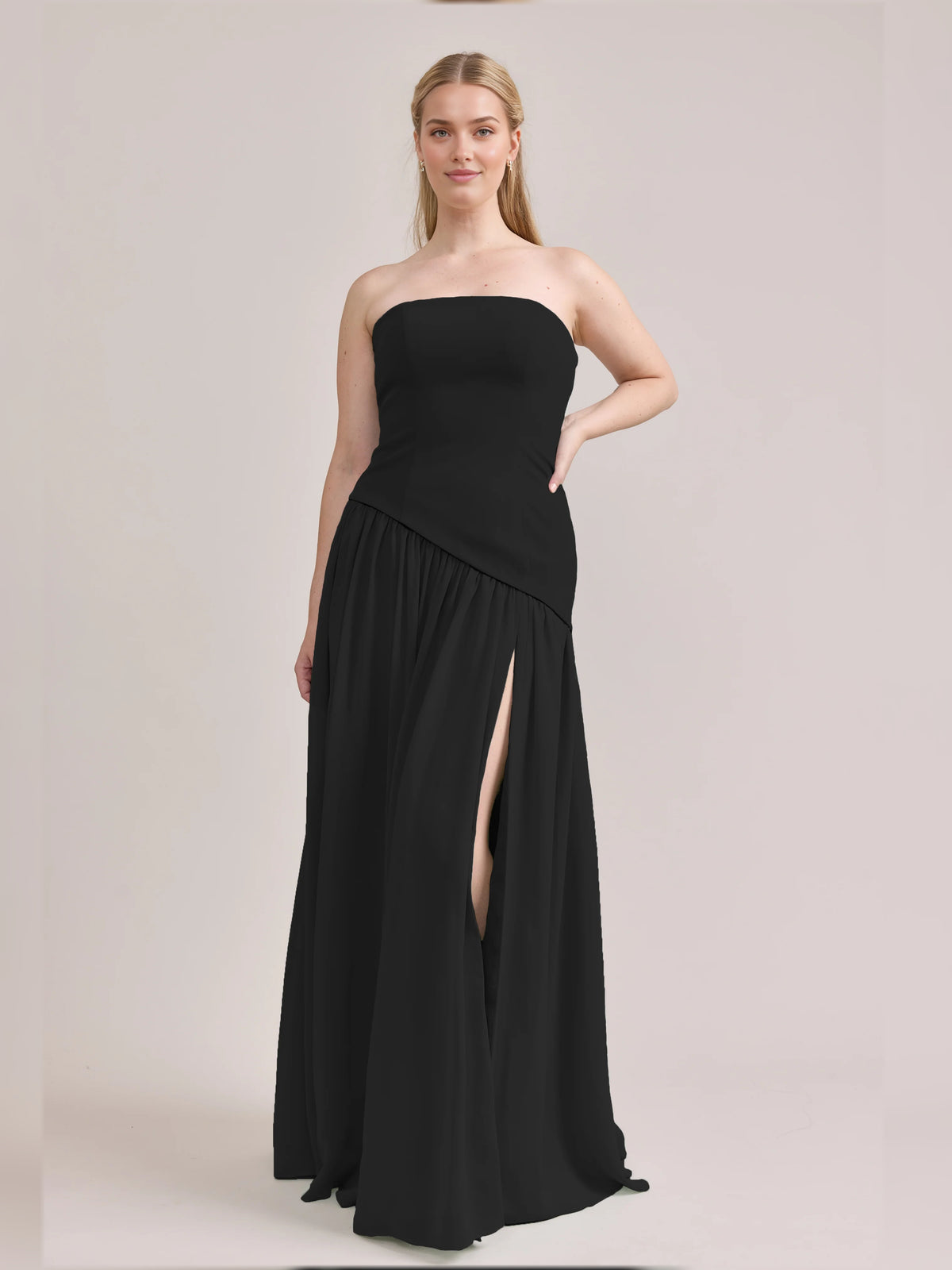 Slit Strapless A-Line Maxi Chiffon Bridesmaid Dress for Estate Wedding