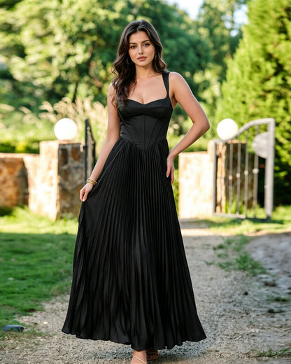 Square Neck Corset Pleated Formal Dress with Midi dress