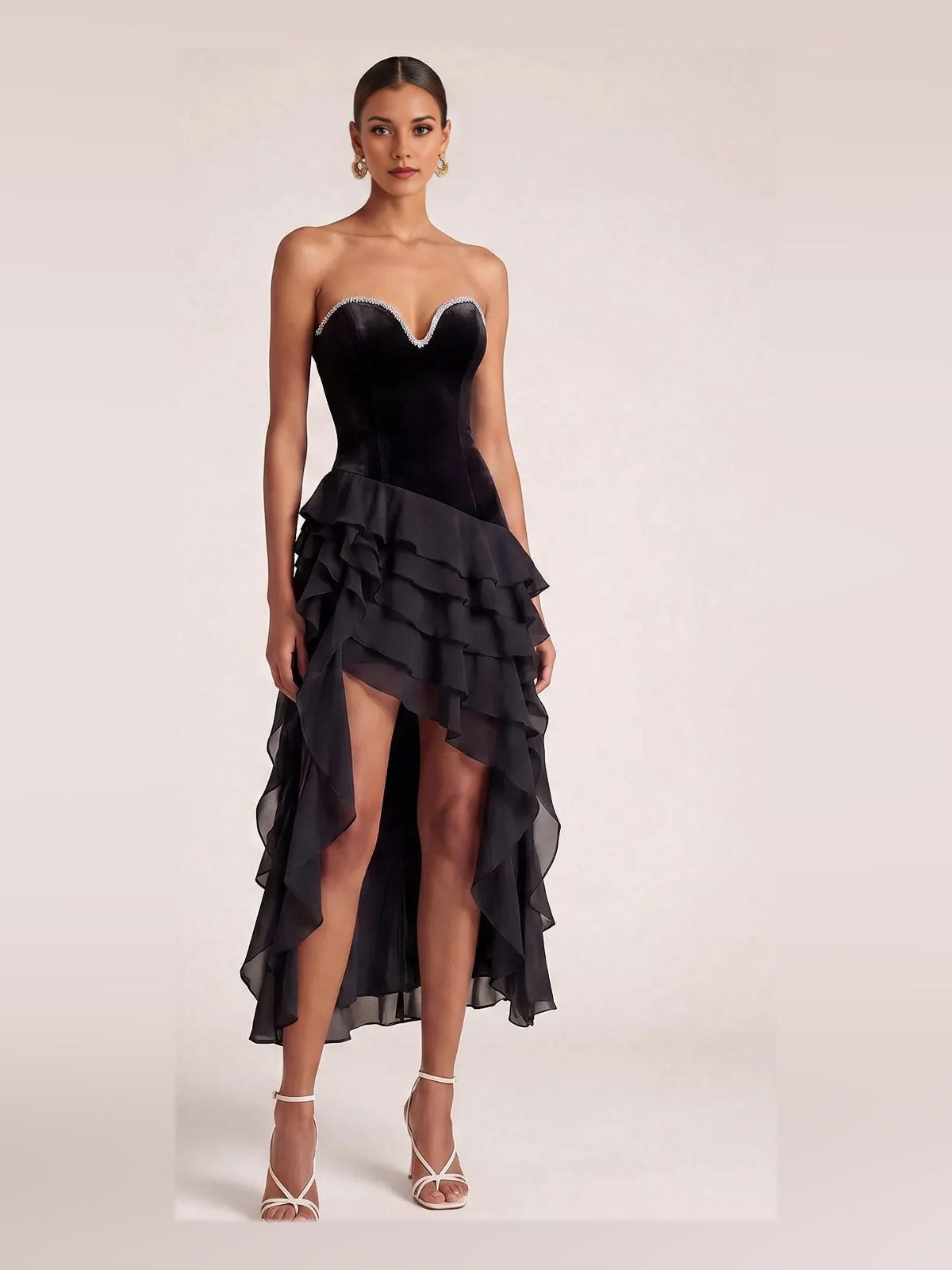 Tiered Layered Ruffled Slit Sweetheart Fit-and-Flare High-Low Chiffon Prom Dress for Special Occasion