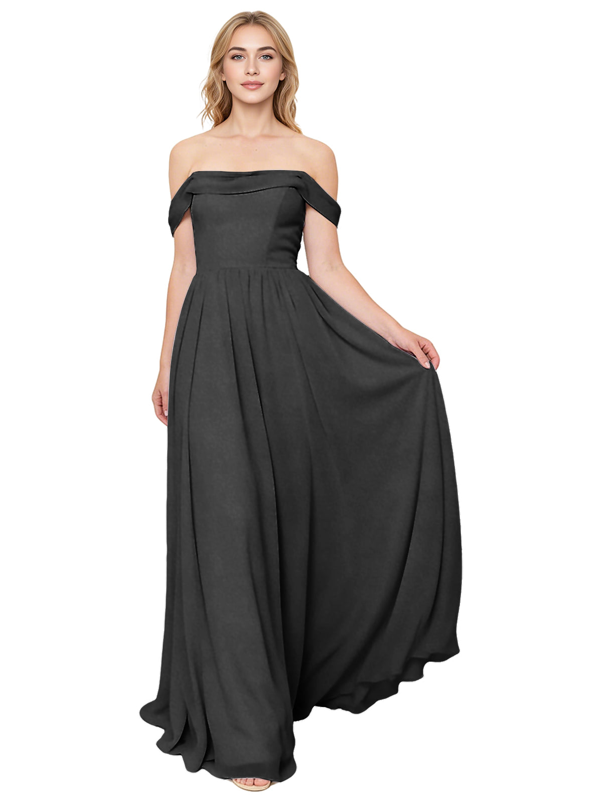 Off Shoulder Pleated Chiffon Bridesmaid Dress with Flowing A-Line Dress