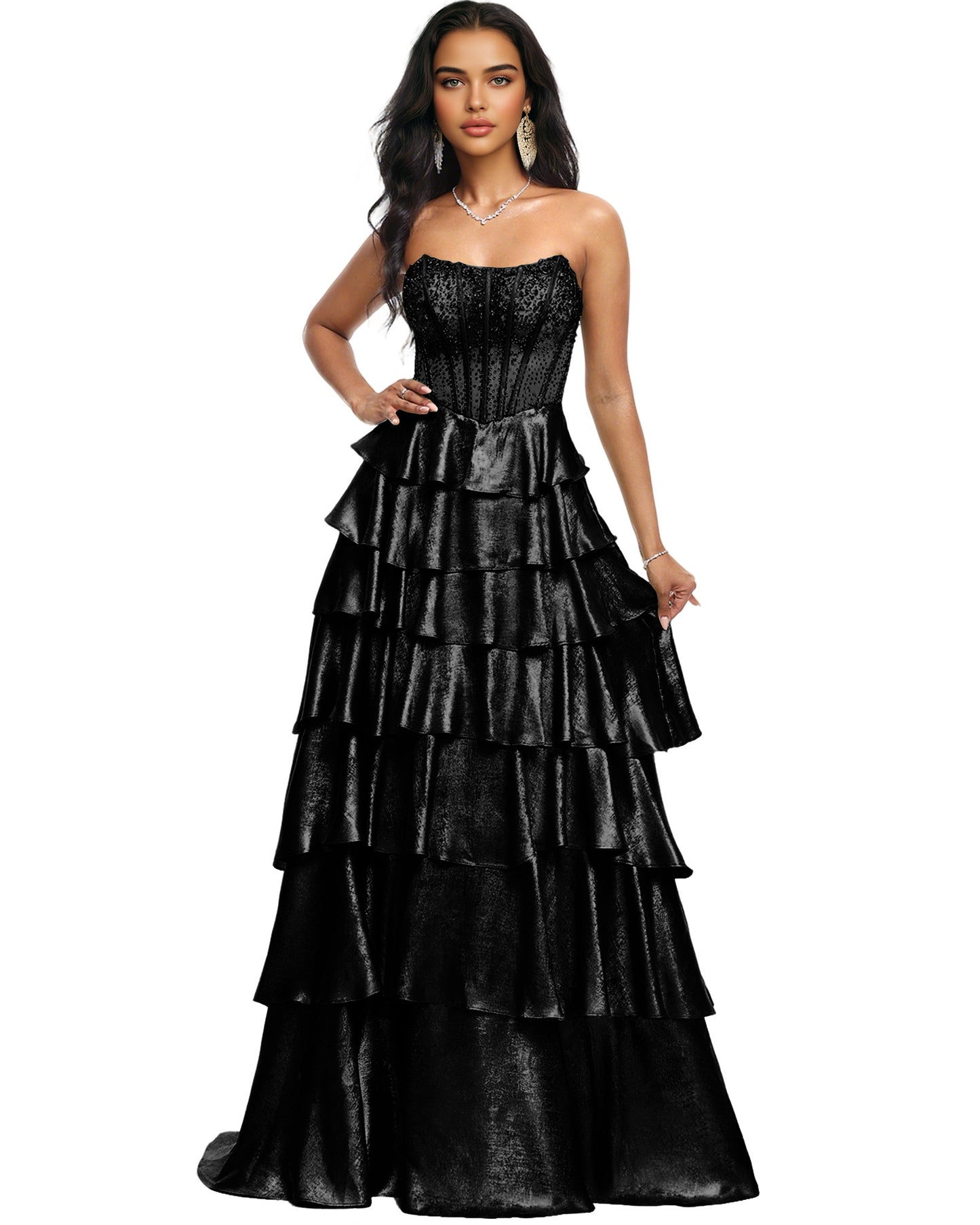Strapless Tiered Sequin A-Line Prom Dress with Ruffle Layers