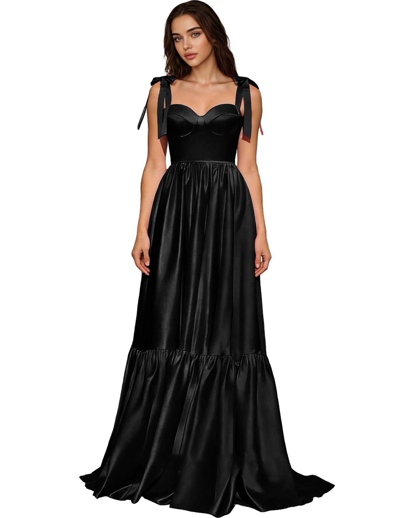 Strapless Black Tulle Ball Gown with Bow Straps and Corset Bodice
