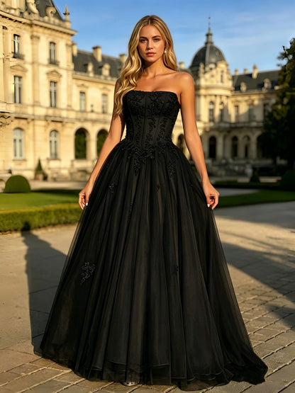 Strapless Lace Corset Ball Gown with Tulle A-Line Skirt