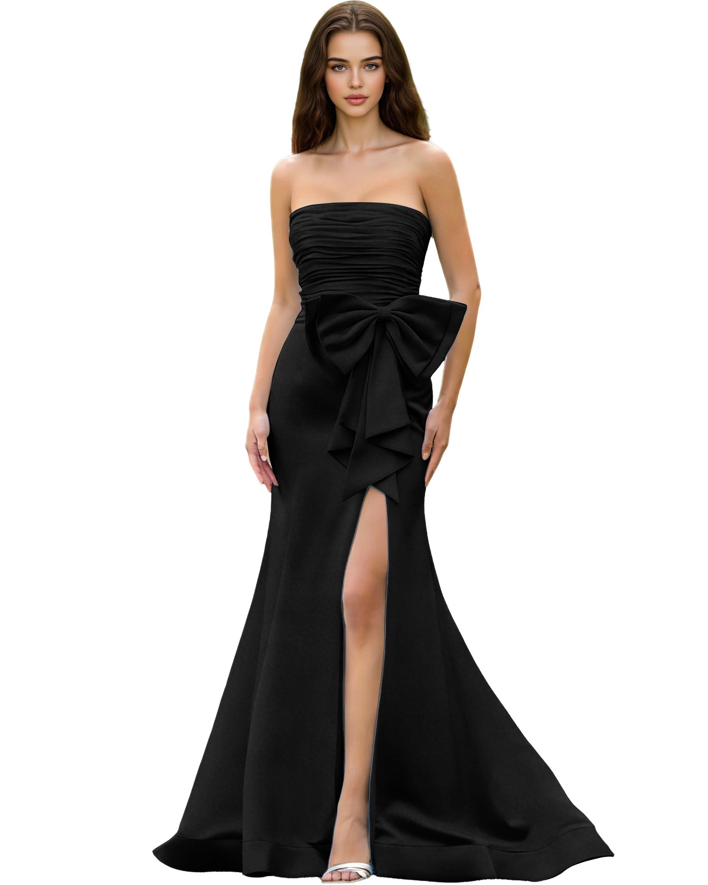 Strapless Bow Detail Satin Prom Dress with Ruched Bodice and Slit