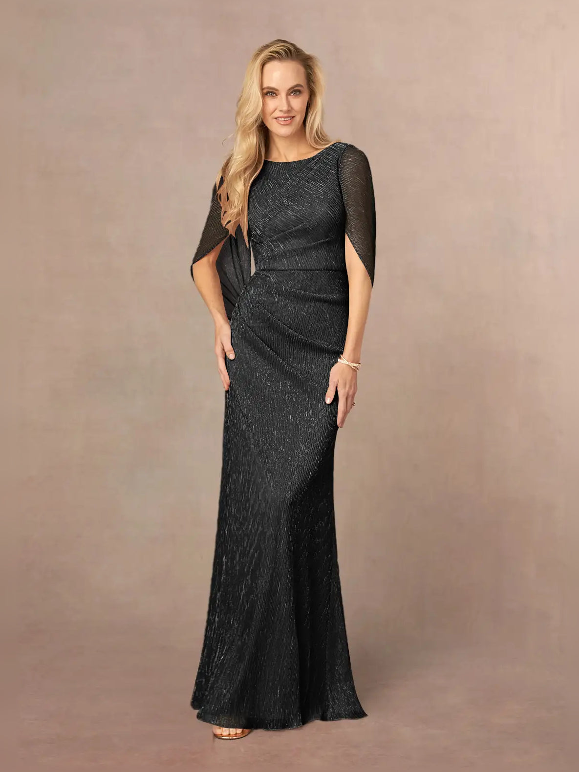 Ruched Pleated Draped Scoop Neck Sheath Maxi Mother of the Bride Dress for Formal Ceremony