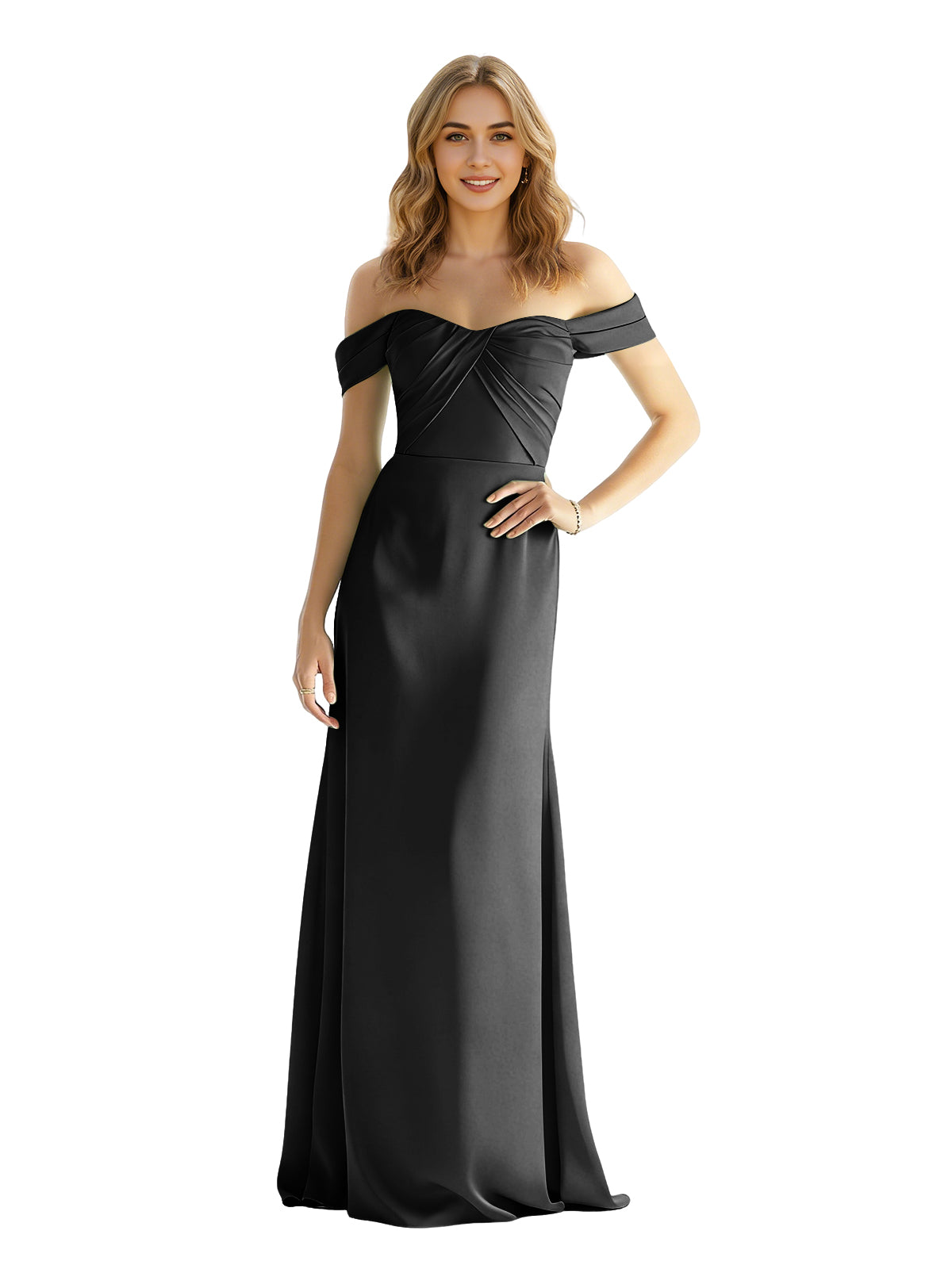 Sweetheart Off Shoulder Satin Bridesmaid Dress with Wrapped Bodice