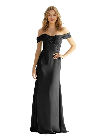 Sweetheart Off Shoulder Satin Bridesmaid Dress with Wrapped Bodice