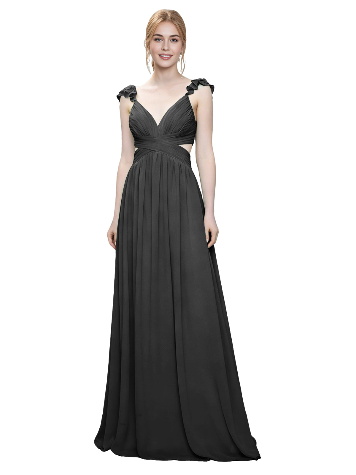 Ruffle Strap V-Neck Tulle Bridesmaid Dress with Pleated Waist
