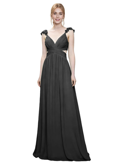 Ruffle Strap V-Neck Tulle Bridesmaid Dress with Pleated Waist