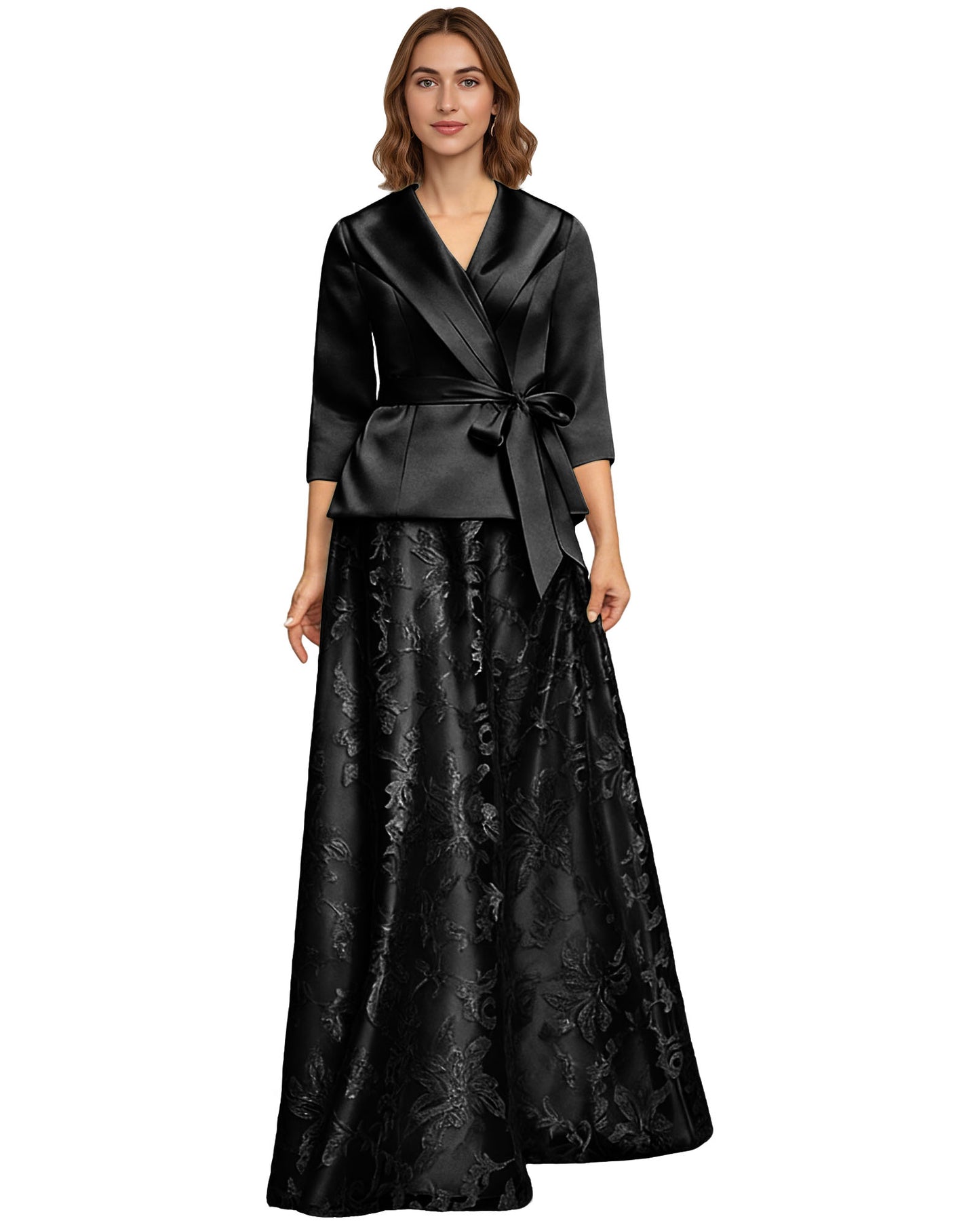 Two Piece Mother of the Bride Dress Satin Wrap Top Embroidered Long Skirt Formal Set