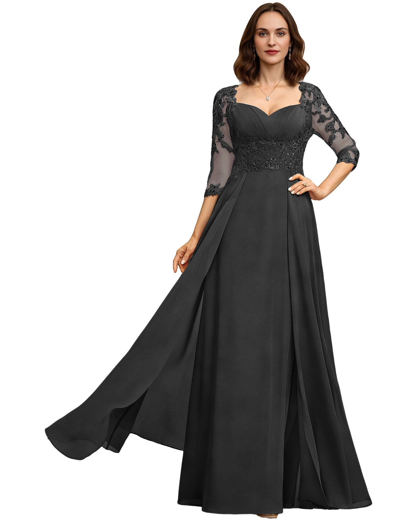 Long Sweetheart Mother of the Bride Dress Lace 3/4 Sleeve Chiffon A-Line Gown