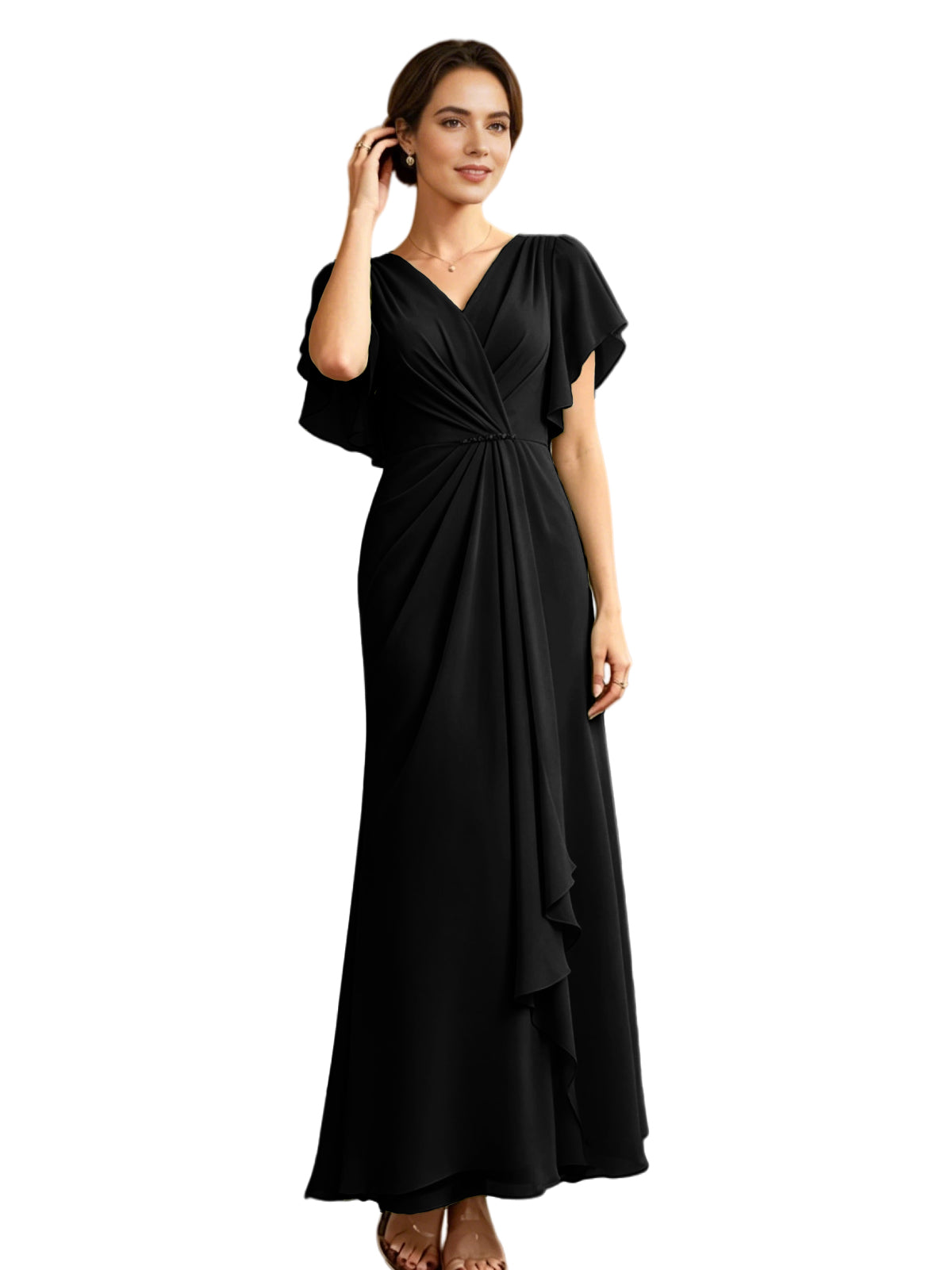 Long Chiffon Mother of the Bride Dress V-Neck Flutter Sleeve A-Line Gown with Beaded Waist