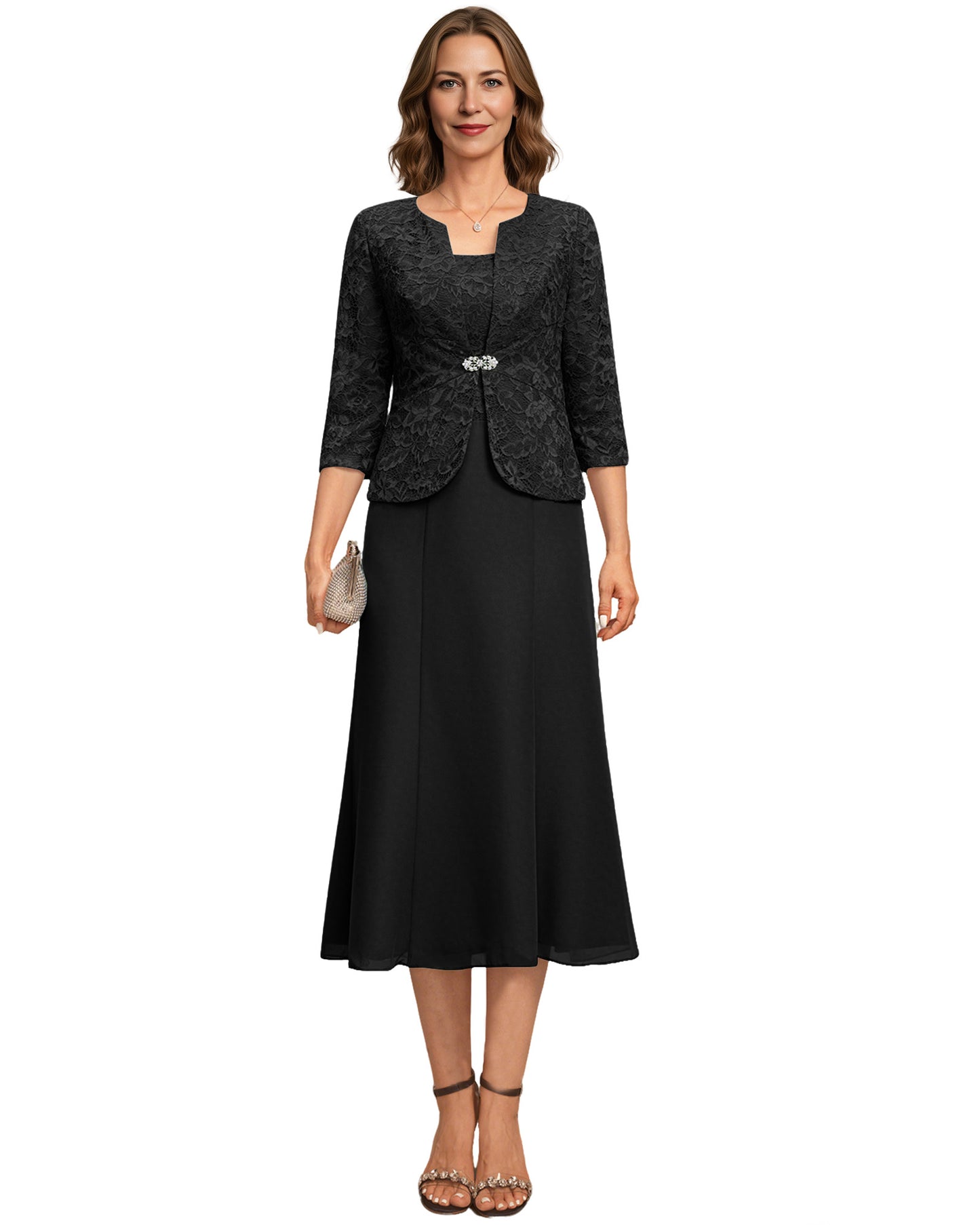 Tea Length Mother of the Bride Dress Lace Jacket Chiffon A-Line Wedding Guest Outfit