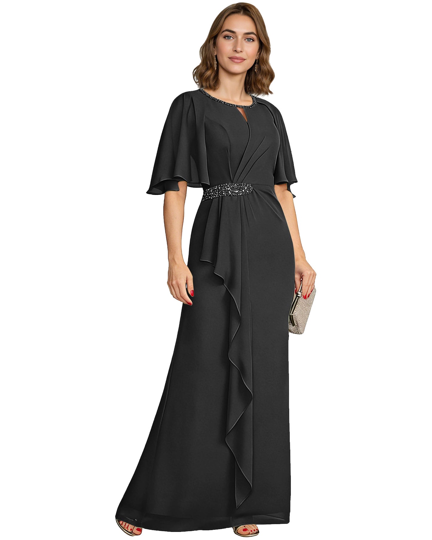 Long Mother of the Bride Dress Chiffon Flutter Sleeve Beaded Waist Formal A-Line Gown