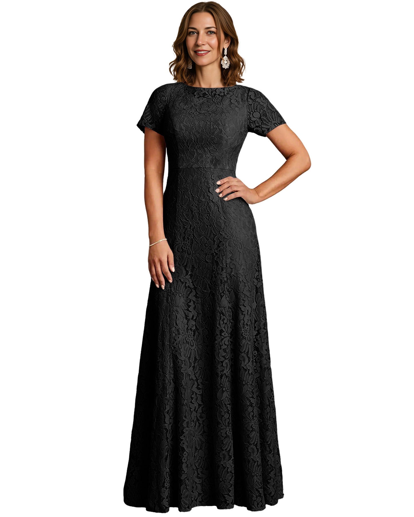 Long Lace Mother of the Bride Dress Short Sleeve Mermaid Gown with Crew Neckline
