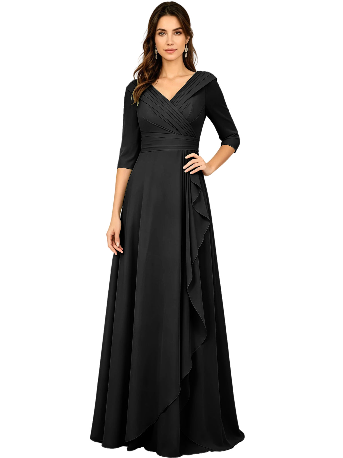 Long V-Neck Mother of the Bride Dress Chiffon Half Sleeve A-Line Gown with Side Ruffle
