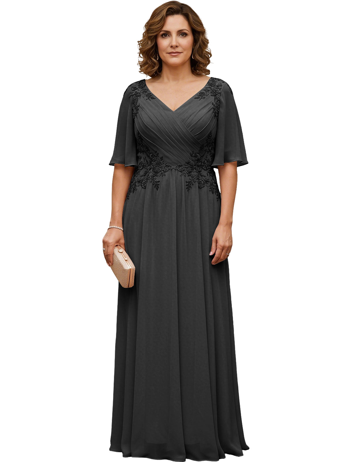 Mother of the Bride Dress Long Chiffon A-Line Gown with Flutter Sleeves and Beaded Lace