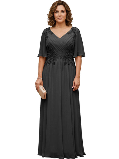 Mother of the Bride Dress Long Chiffon A-Line Gown with Flutter Sleeves and Beaded Lace