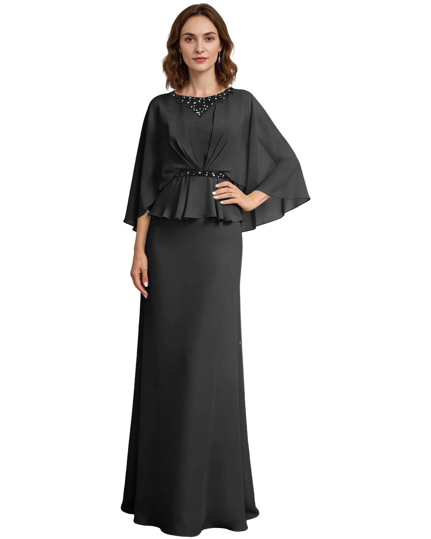 Capelet Mother of the Bride Dress Long Beaded Neck Peplum Chiffon Formal Gown