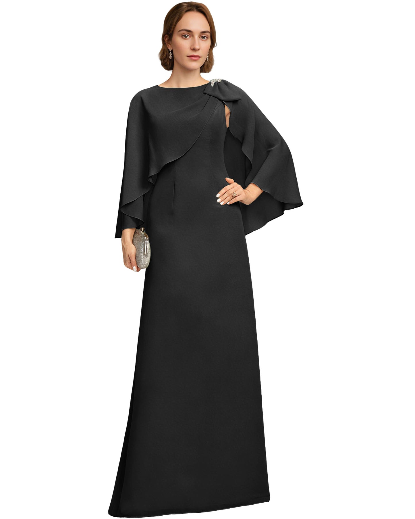 Long Cape Sleeve Mother of the Bride Dress Jewel Neck Chiffon Column Gown with Bow Detail