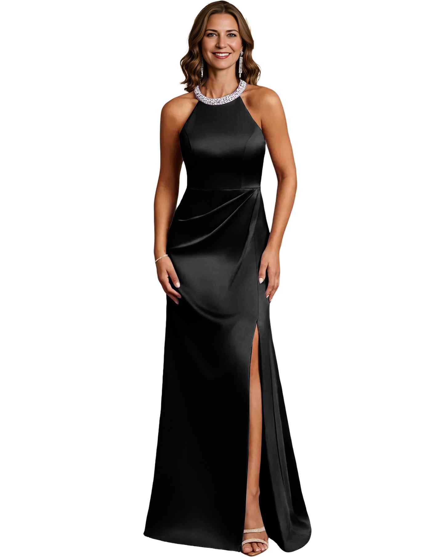 Halter Neck Mother of the Bride Dress Satin Mermaid Gown with Beaded Collar and Slit