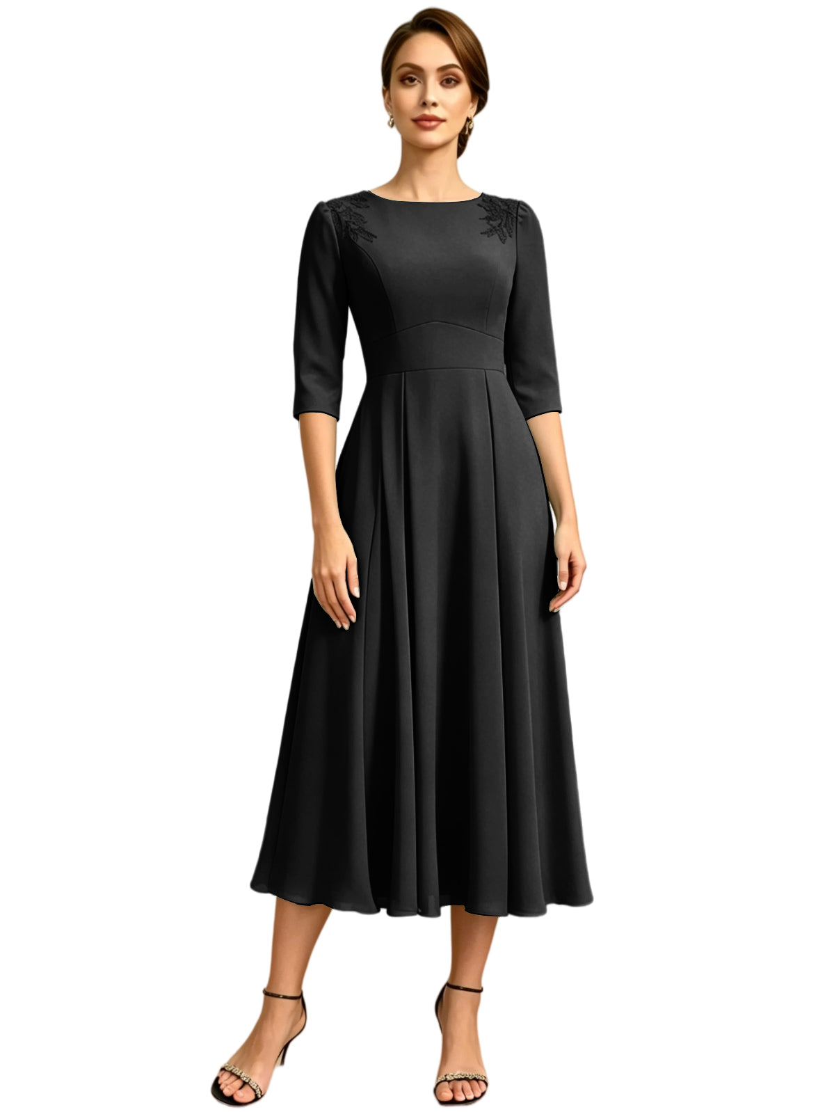 Tea Length Mother of the Bride Dress Jewel Neck Chiffon A-Line Formal Gown with Embroidery