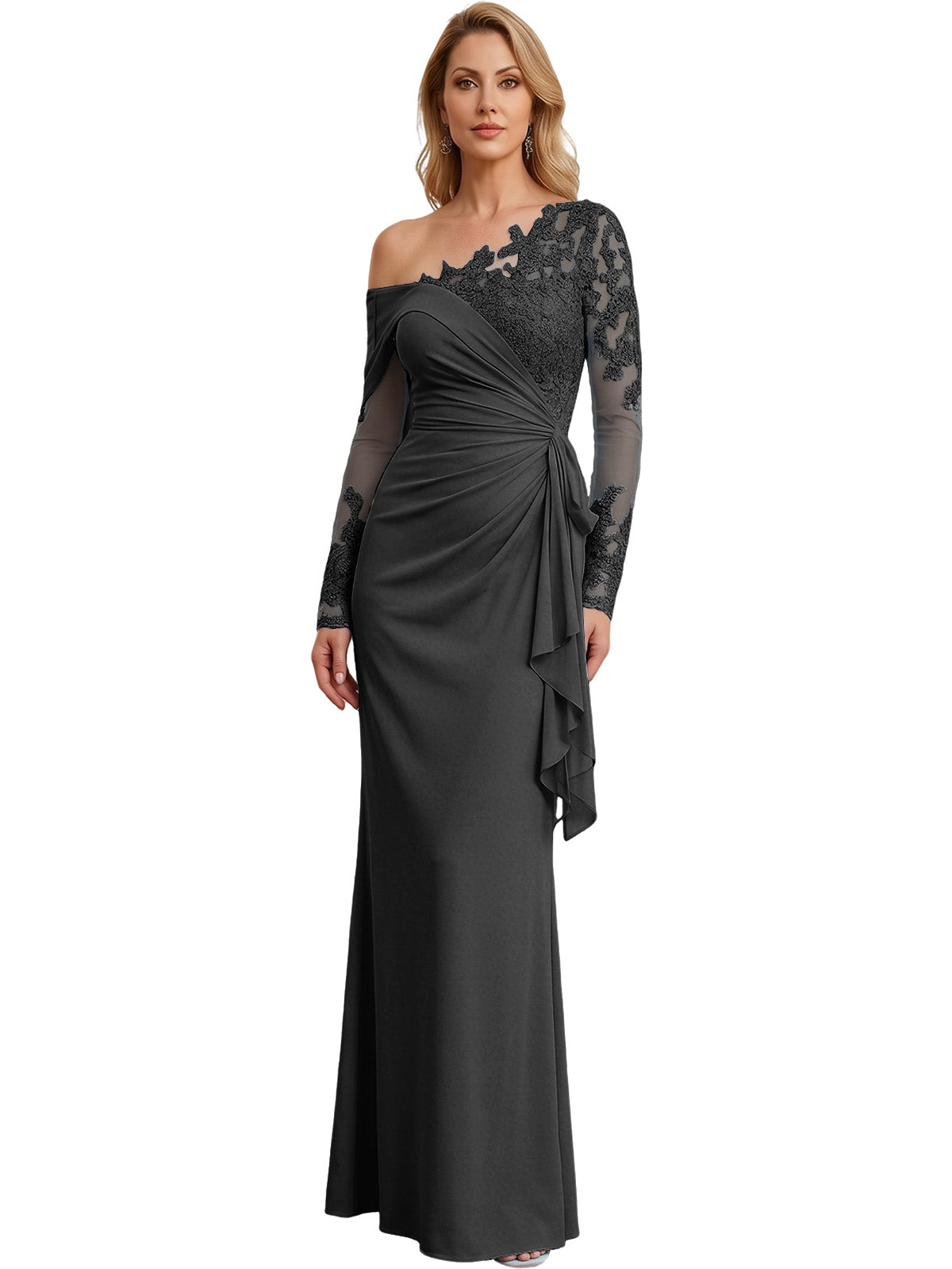 One Shoulder Mother of the Bride Gown Long Lace Sleeve Mermaid Dress with Draped Ruffle