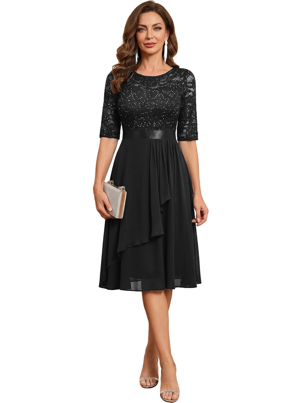 Knee Length Mother of the Bride Dress Sequined Lace Bodice Chiffon Skirt Formal Guest Outfit