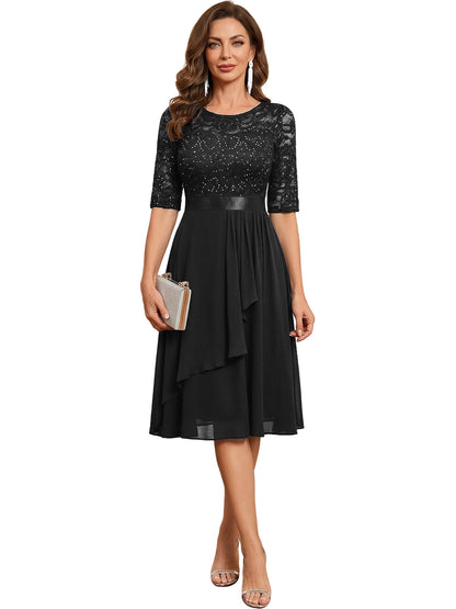 Black Knee Length Mother of the Bride Dress Sequined Lace Bodice Chiffon Skirt Formal Guest Outfit color option