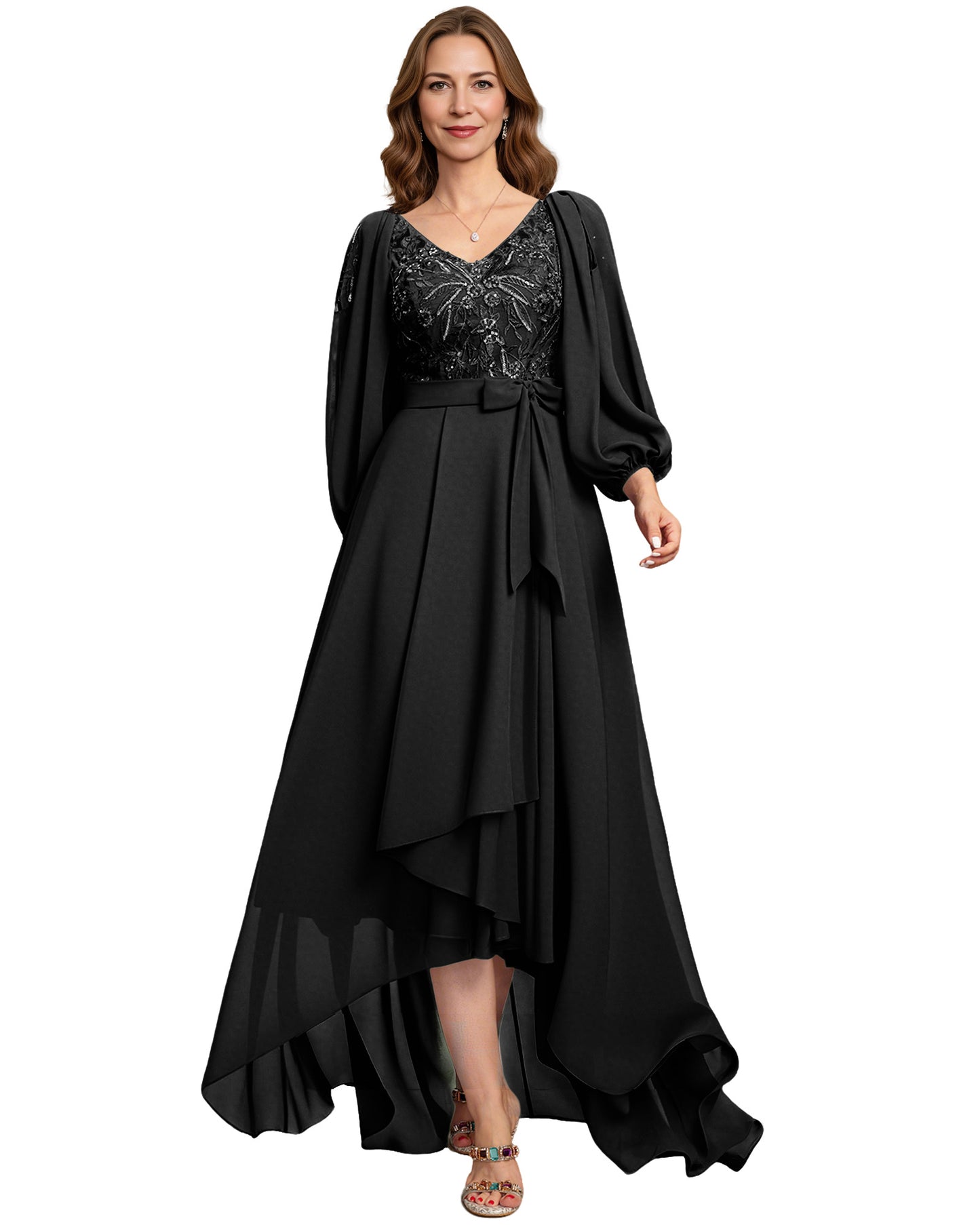 High Low Mother of the Bride Dress Lace Bodice Chiffon Jacket Formal Wedding Gown