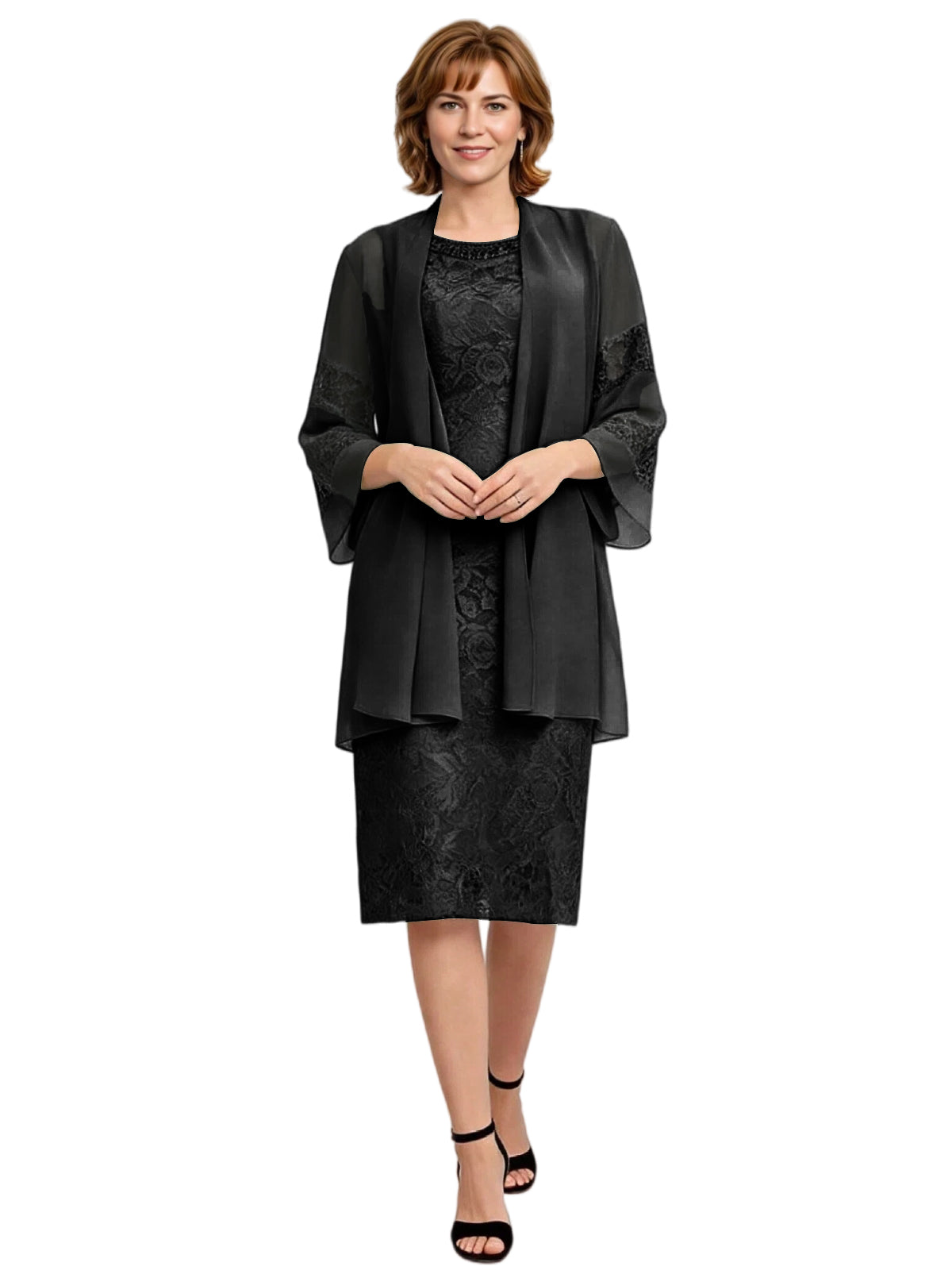 Mother of the Bride Dress with Jacket Knee Length Lace Formal Wedding Guest Outfit